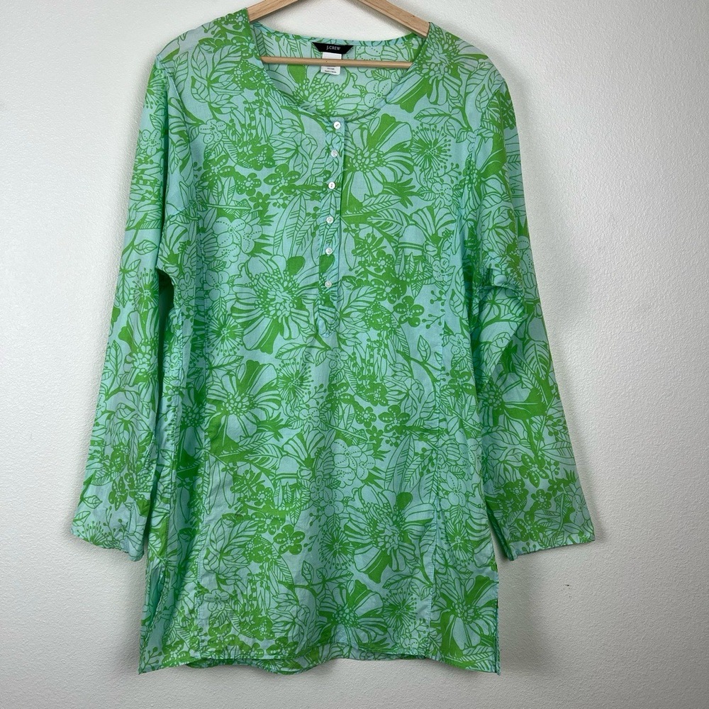 J.Crew Cotton Top Womens Medium Turquoise Green Tunic Floral Beach Preppy Resort